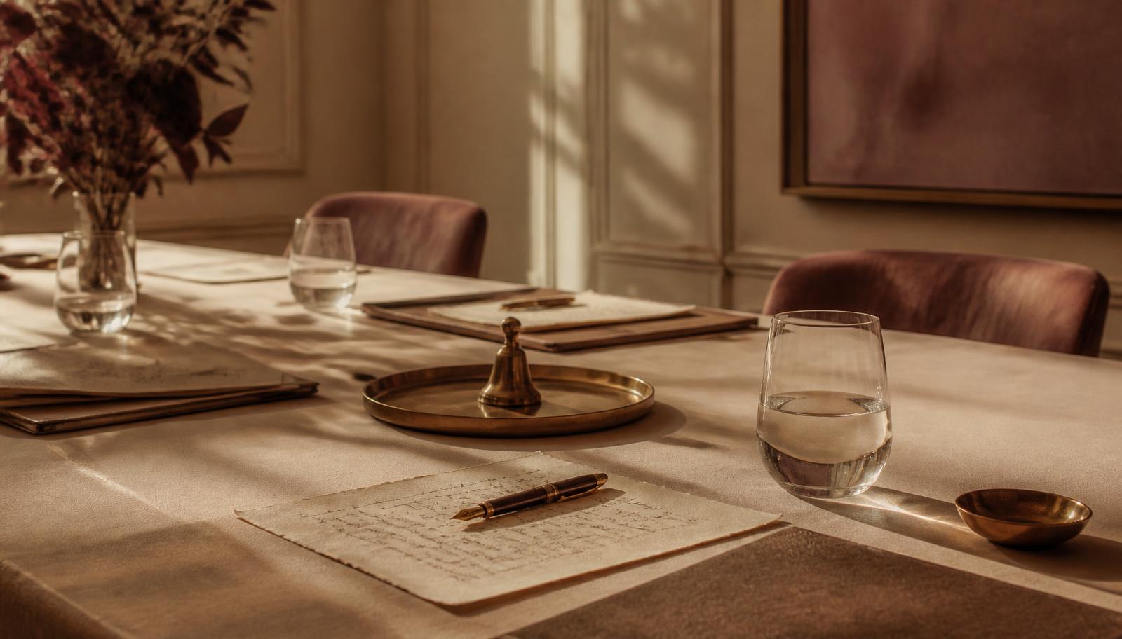 A quiet boardroom table with handwritten notes in warm light